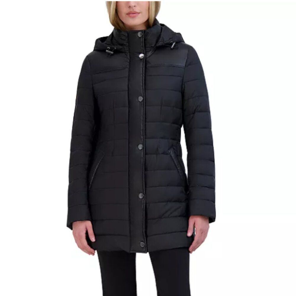 NWT $230 Tahari Puffer Jacket Hooded Faux Leather Trim Puffer Coat Black Large